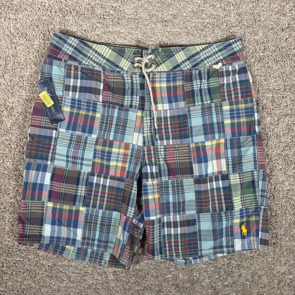 Polo Ralph Lauren Mens Patchwork Madras Plaid Swim Trunks Multicolor Size 36 NEW